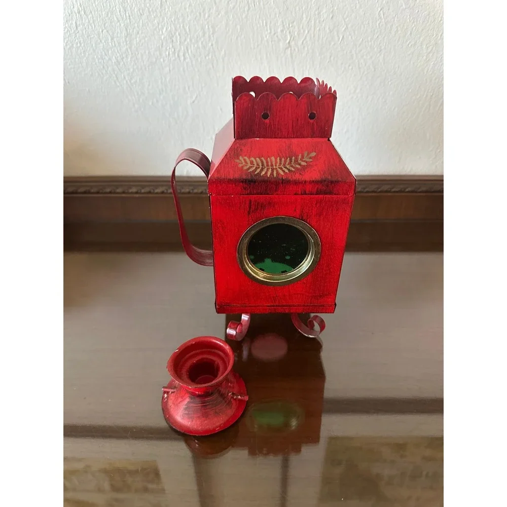 Vtg 9'' Red Metal Signal Lantern‎ Candle Holder Distressed Gold Leaf Hong Kong
